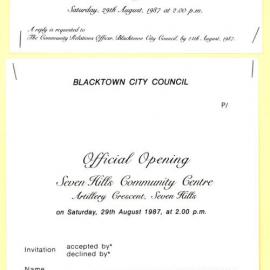 Seven Hills Community Centre, Official Opening Invitation, 1987