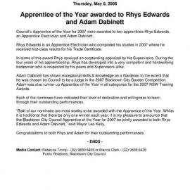 Blacktown City Council Apprentice of the Year, 2007
