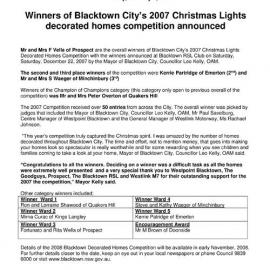 Blacktown City Christmas Lights Competition Winners, 2007