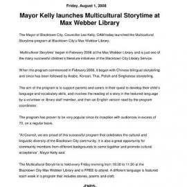 Mayor Kelly Launches Multicultural Storytime at Max Webber Library, 2008