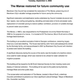 The Manse Restored for Future Community Use, 2008