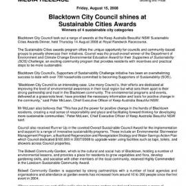 Blacktown City Council Shines at Sustainable City Awards, 2008