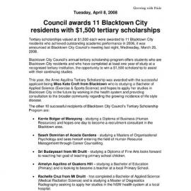 Council Awards 11 Blacktown City Residents with $1,500 Tertiary Scholarships, 2008