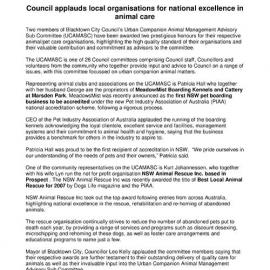 Council Applauds Local Organisations for National Excellence in Animal Care, 2008