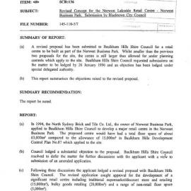 Revised Concept for the Norwest Lakeside Retail Centre - Norwest Business Park. Submission by Blacktown City Council, 1996