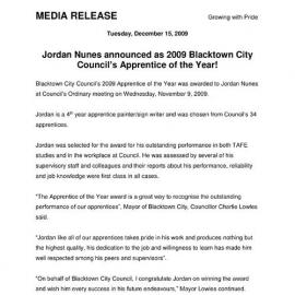 Blacktown City Council Apprentice of the Year, 2009