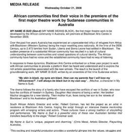 My Name is Sud - First Major Theatre Work by Sudanese Communities in Australia,2009