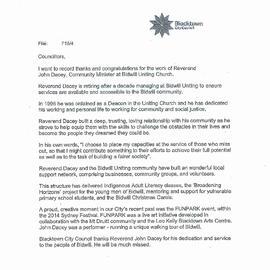 Retirement of John Dacey, Community Minister, Bidwill Uniting Church (Mayoral Minute), 2020