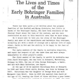 The Lives and Times of the Early Bohringer Families in Australia, 1994