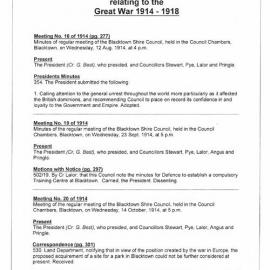 Excerpts of Minutes of Blacktown Shire relating to Great War 1914-1918