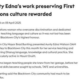 Aunty Edna’s work preserving First Nations culture rewarded, 2025
