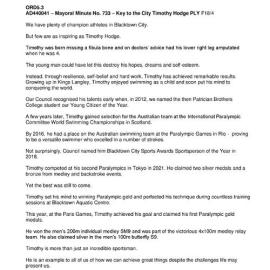 Timothy Hodge - Key to the City (Mayoral Minute No. 733), 2024