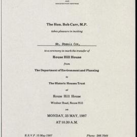 Invitation for Rouse Hill House transfer, 1987
