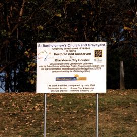 St Bartholomew's Church restoration sign, Prospect