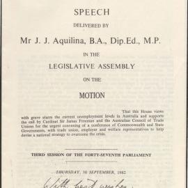 John Aquilina NSW Parliament speech, 1982