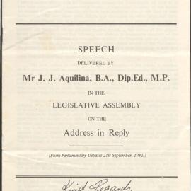John Aquilina NSW Parliament speech, 1982