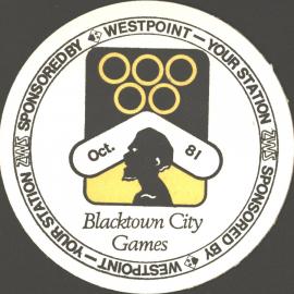 1981 Blacktown City Games, drink coaster. Sponsors 2WS and Westpoint